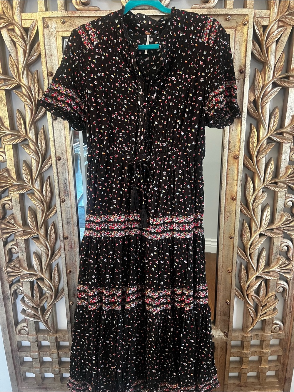 Free People Black Floral Tiered Midi Dress - Small Floral Print